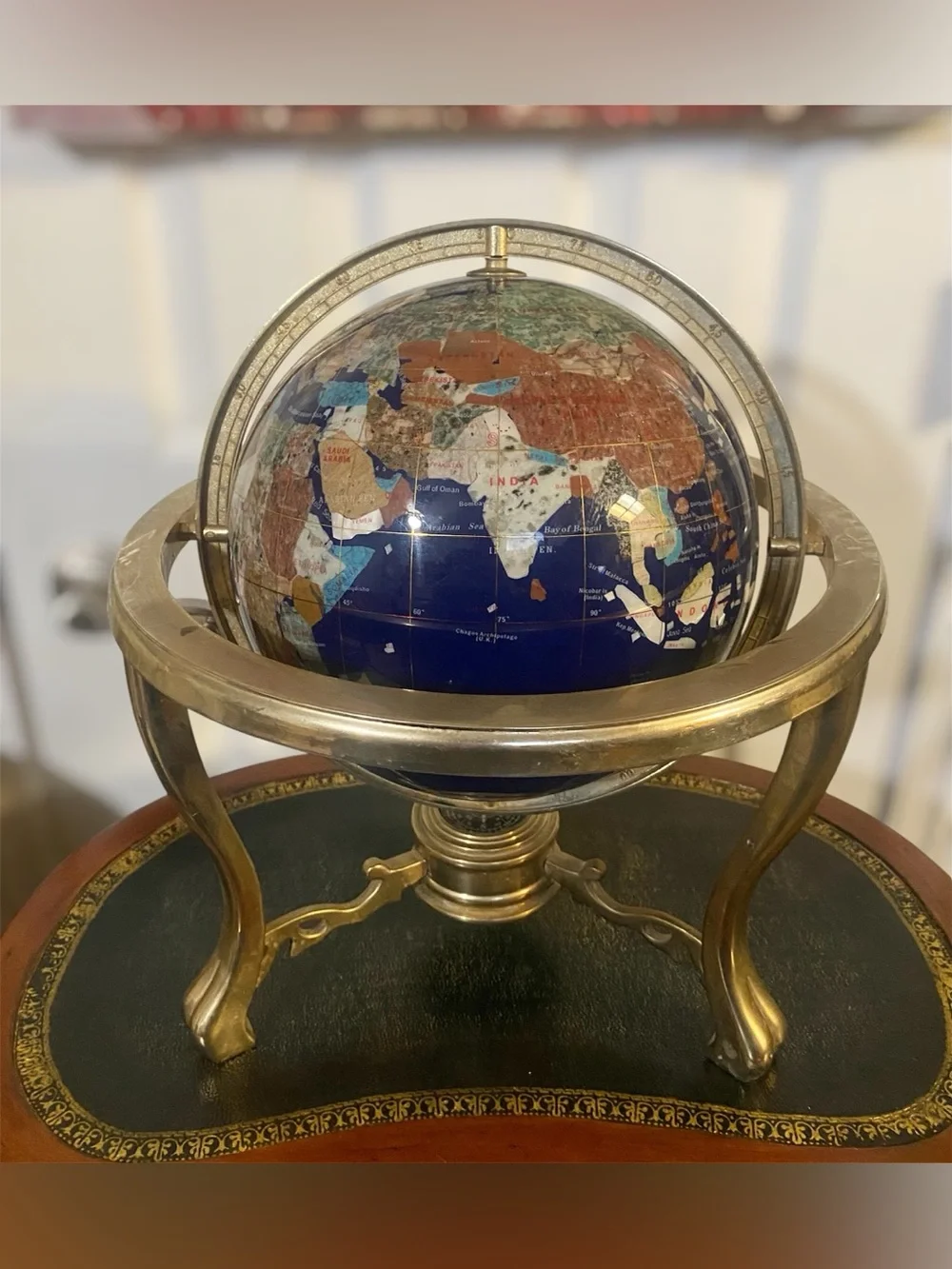 Lapis Gemstone Glob Compassion Decorative Globe W/Brass Tripod Base